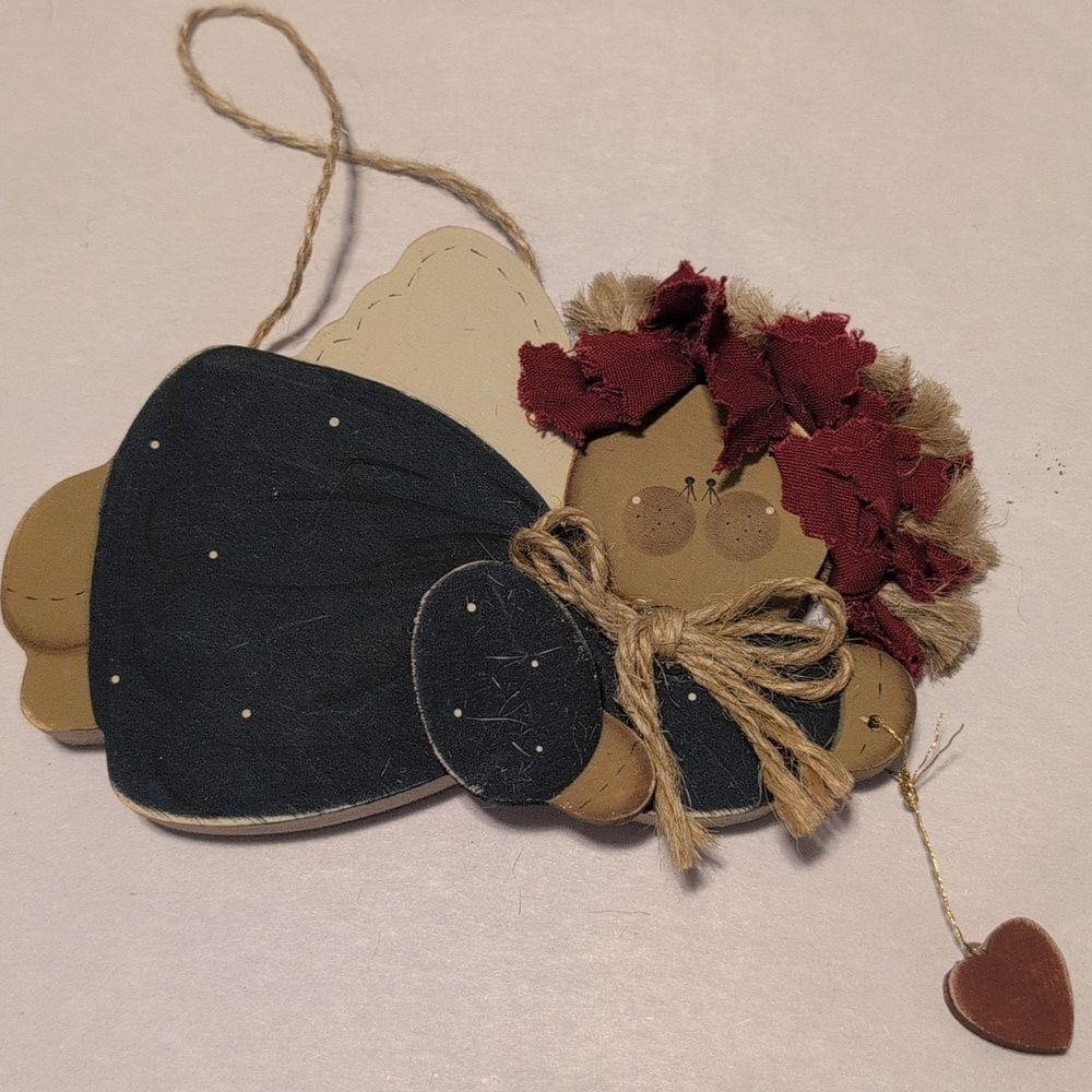 Handcrafted Vintage Wooden Angel Ornament with Red Heart Accent Americana